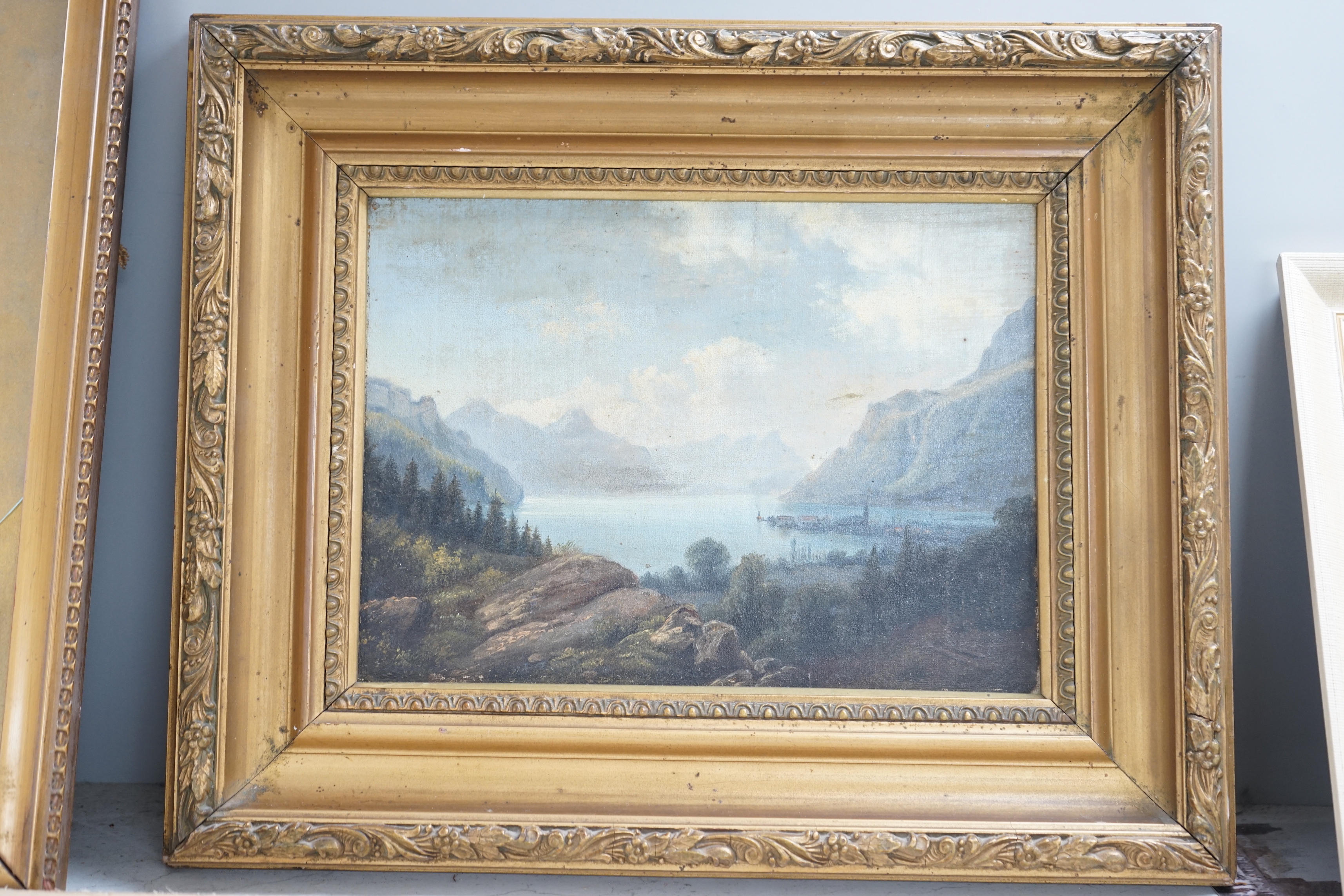 Attributed to Nils Hans Christiansen (Danish, 1850-1922), oil on canvas, Extensive view of a town on a fjord, 19 x 25cm, label verso